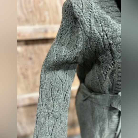 Halogen Cashmere Wool Crocheted Knit Wrap Cardigan – Olive Green Shawl Collar L - Picture 11 of 16